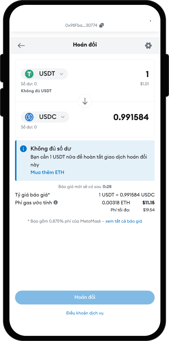 Hoán đổi USDT lấy WETH