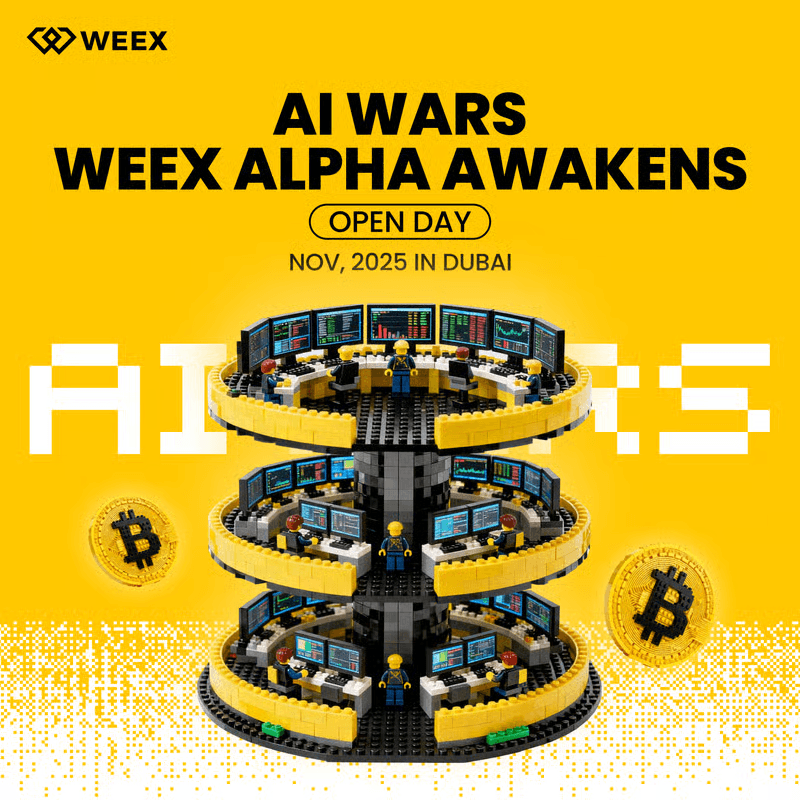 活動海報“AI Wars – WEEX Alpha Awakens”,帶有樂高交易交易所、許多顯示器和比特幣符號,宣布2025年11月在迪拜舉行。