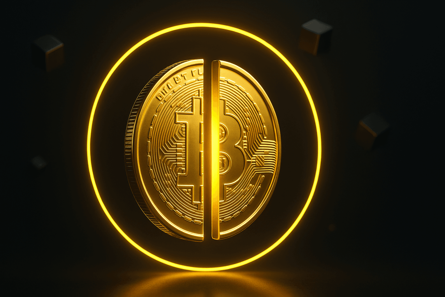 带有发光减半图形的金色比特币符号,代表比特币减半作为加密市场中的供应冲击事件。