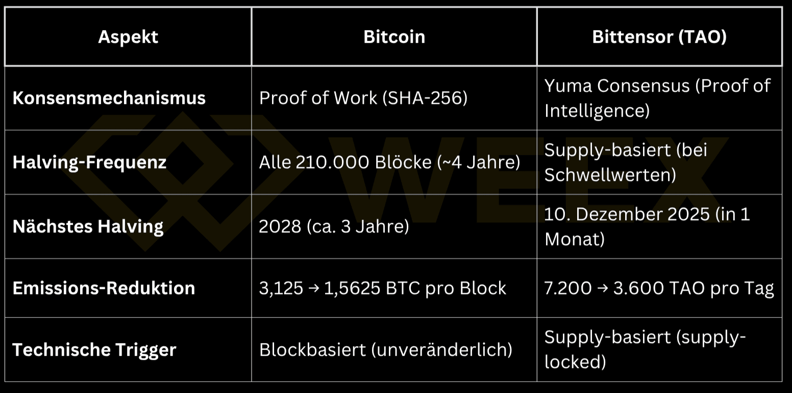 比特幣每約 4 年基於區塊減半,Bittensor 在閾值處基於供應量減半。下一次 TAO 減半:2025 年 12 月 10 日。兩者都將其發行量減少約 50%。
