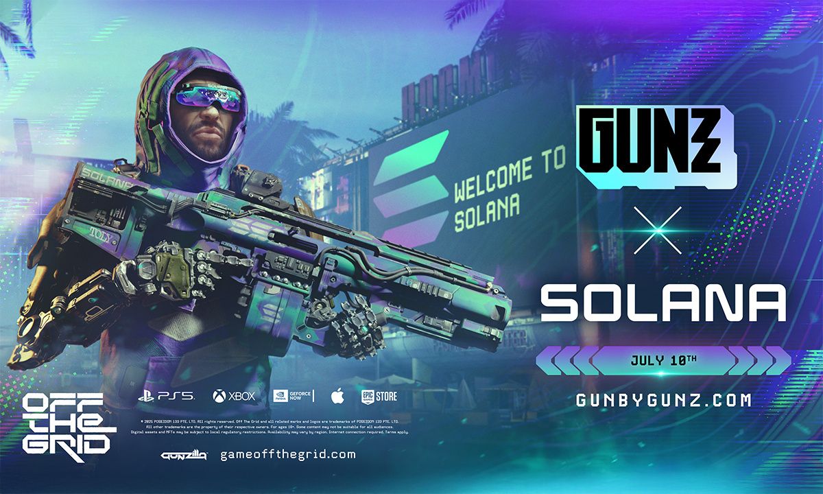 Jogo GUNZ na Solana com soldado futurista com arma, jogos blockchain e conceito de atirador Web3