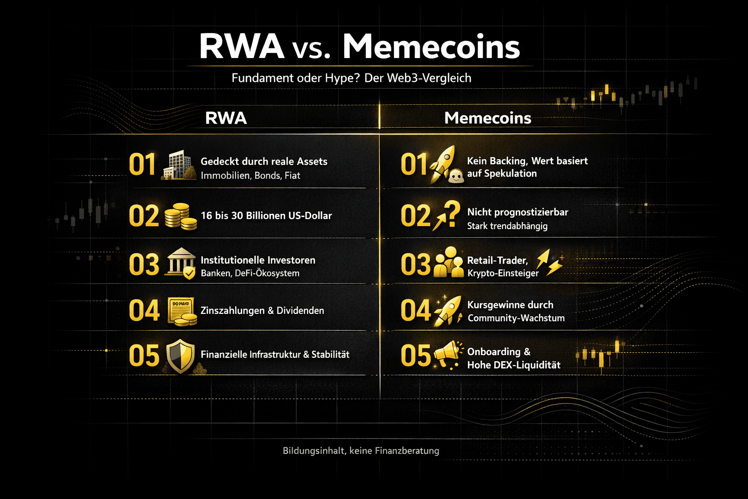 Infographic: RWA vs. Memecoins – Web3 comparison in 5 points (coverage by real assets vs. speculation, market size vs. trend dependency).