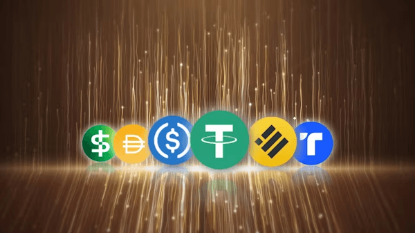 金色光芒前的USDC、EURC、USD、Tether和Binance等领先稳定币图标,象征稳定币、加密支付和数字金融生态系统。
