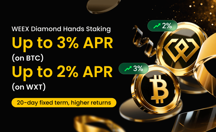 WEEX Diamond Hands Staking: Lãi suất 3% mỗi năm cho BTC và 2% cho WXT trong 20 ngày.
