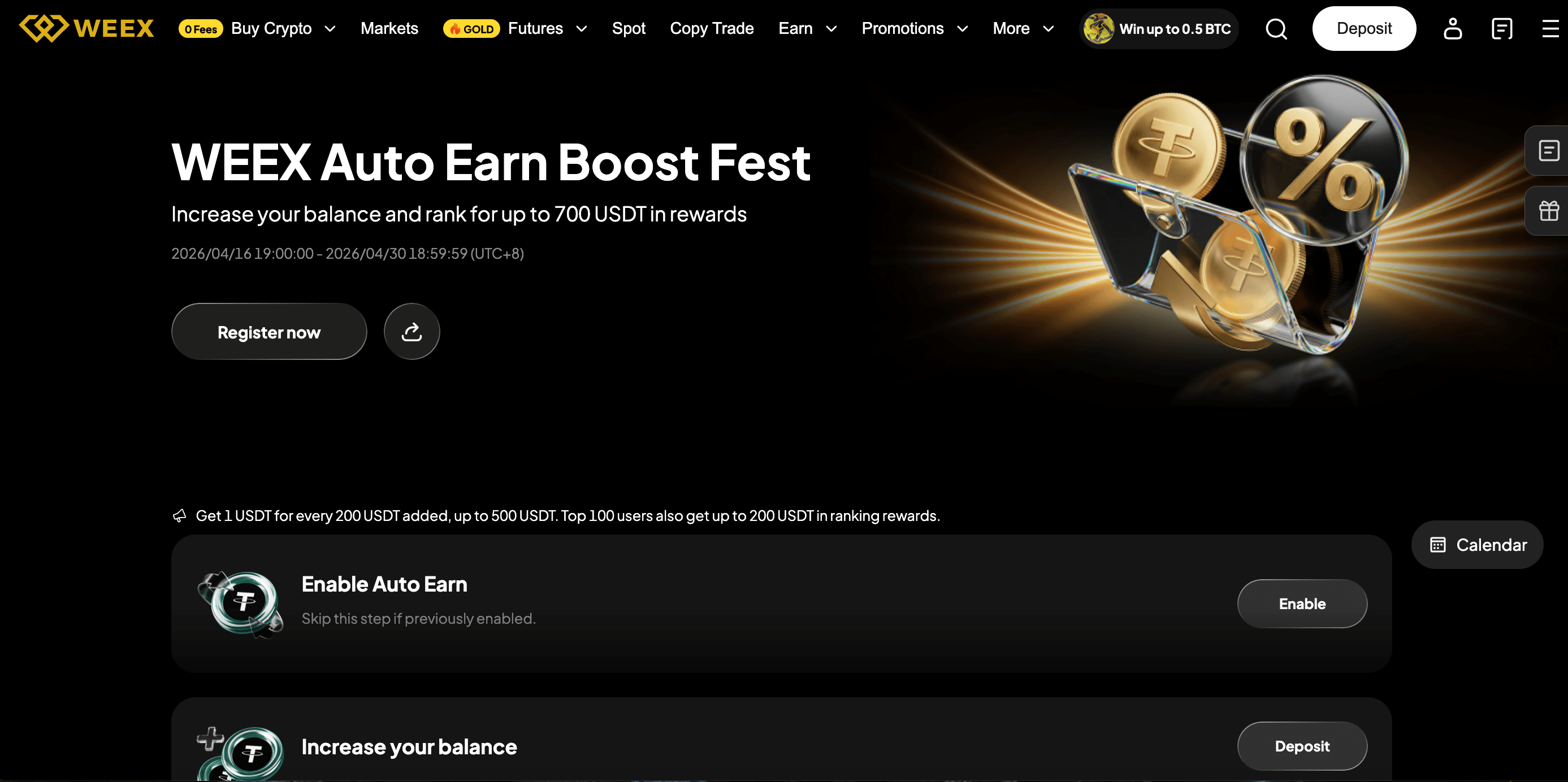 Festival de Bônus de Ganhos Automáticos da WEEX: Ganhe até 700 USDT apenas aumentando seu saldo